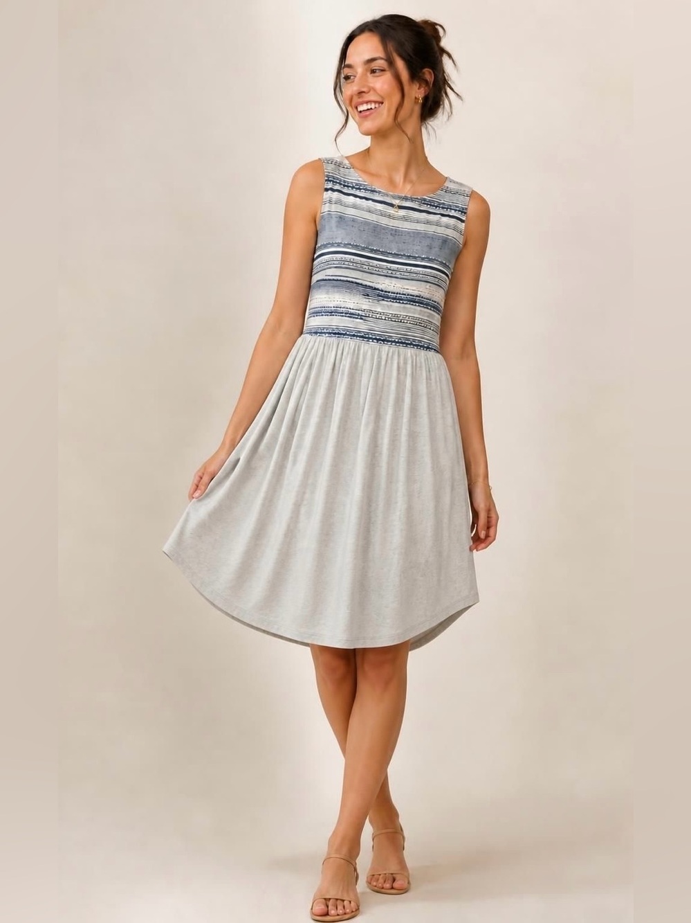 dolan Blue and Light Gray Striped Bodice Sleeveless Midi Dress XS